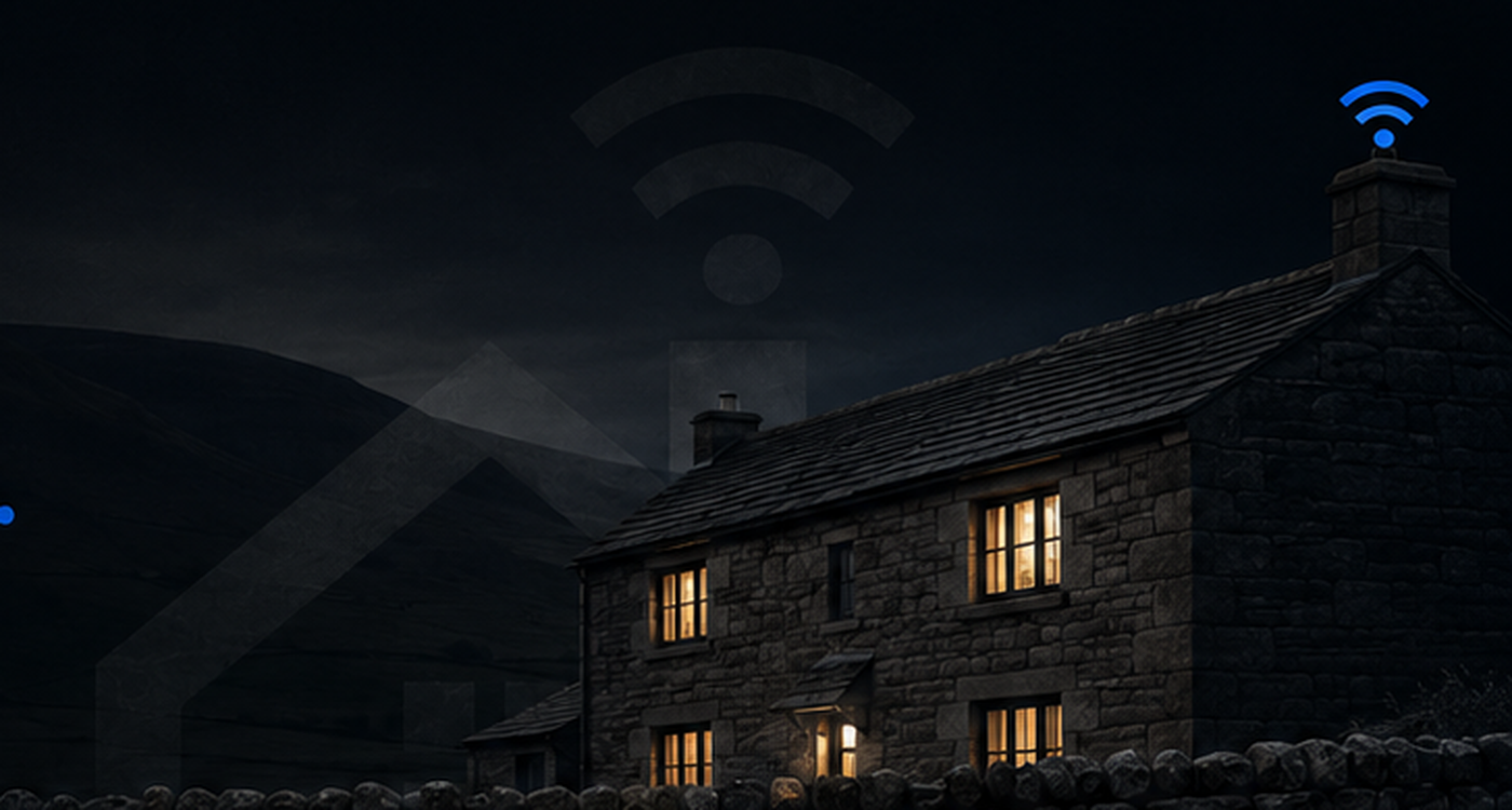 A stone farmhouse in the Yorkshire Dales at dusk, lit from within, with a Wi-Fi signal rising from the chimney.